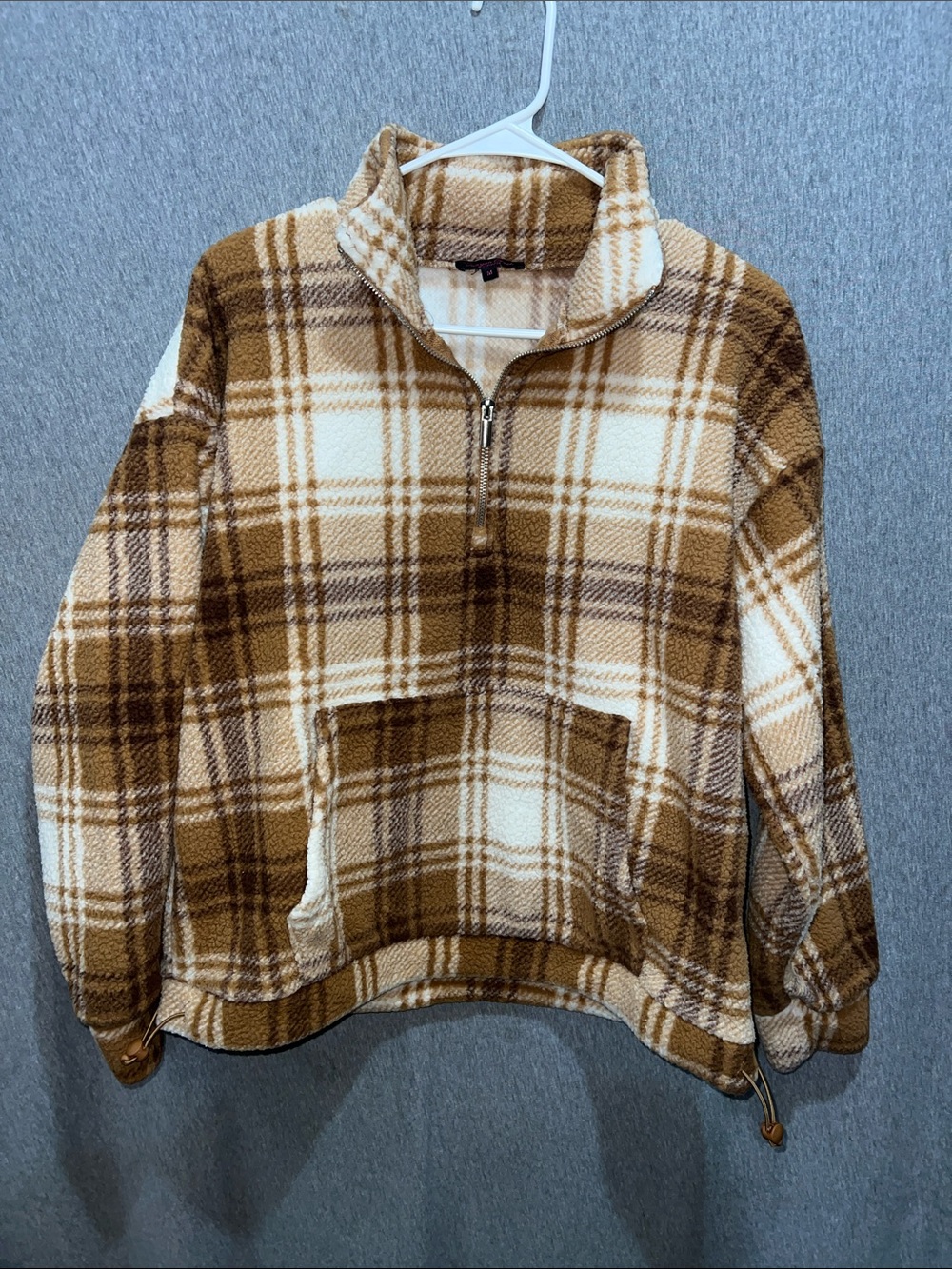 Cozy Plaid Sherpa Half-Zip Pullover in Brown and Cream